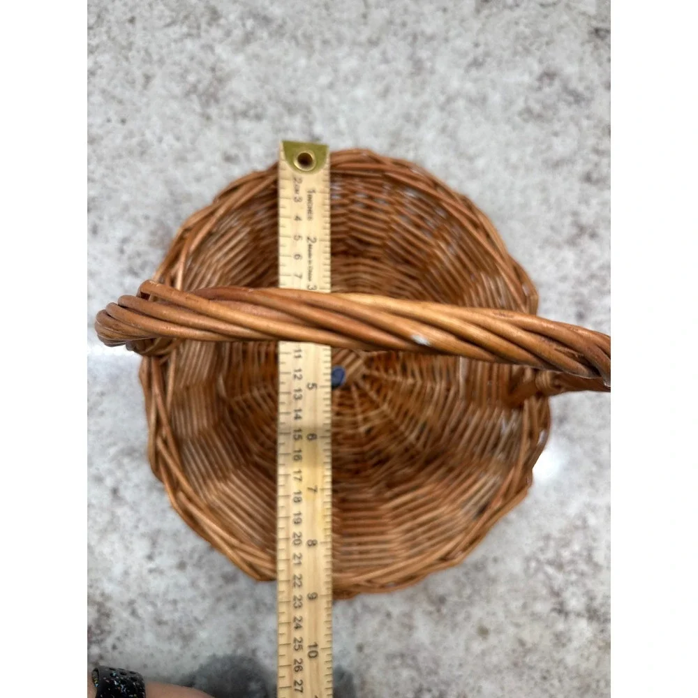 Vintage Yugoslavia Woven Wicker Basket Round Small Brown Wood Handle 7.5 Inch